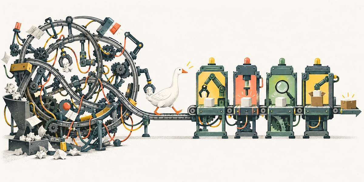A goose walking from a tangled agent loop into an orderly sequence of machines